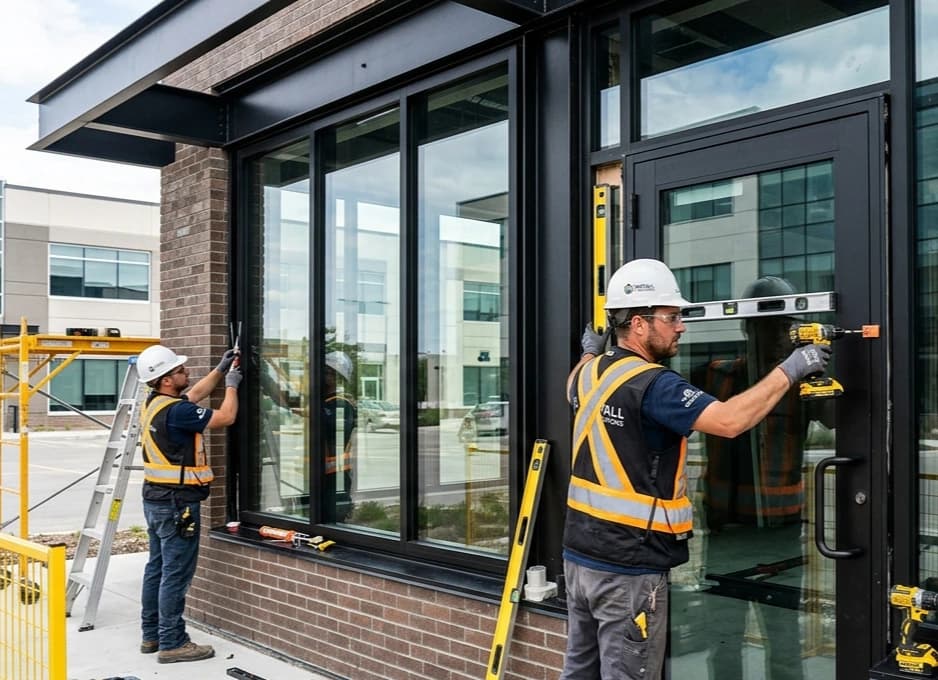 Cosello Construction technicians installing windows on a commercial building